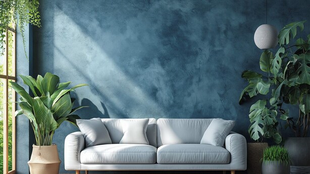 A modern living room with a light grey sofa, large potted plants, and a textured blue wall. - JOIVY Superb 2bed flat with balcony (Milan)