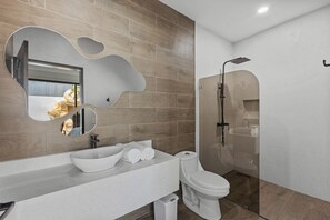 Regadera, secadora de cabello, toallas, papel de baño 