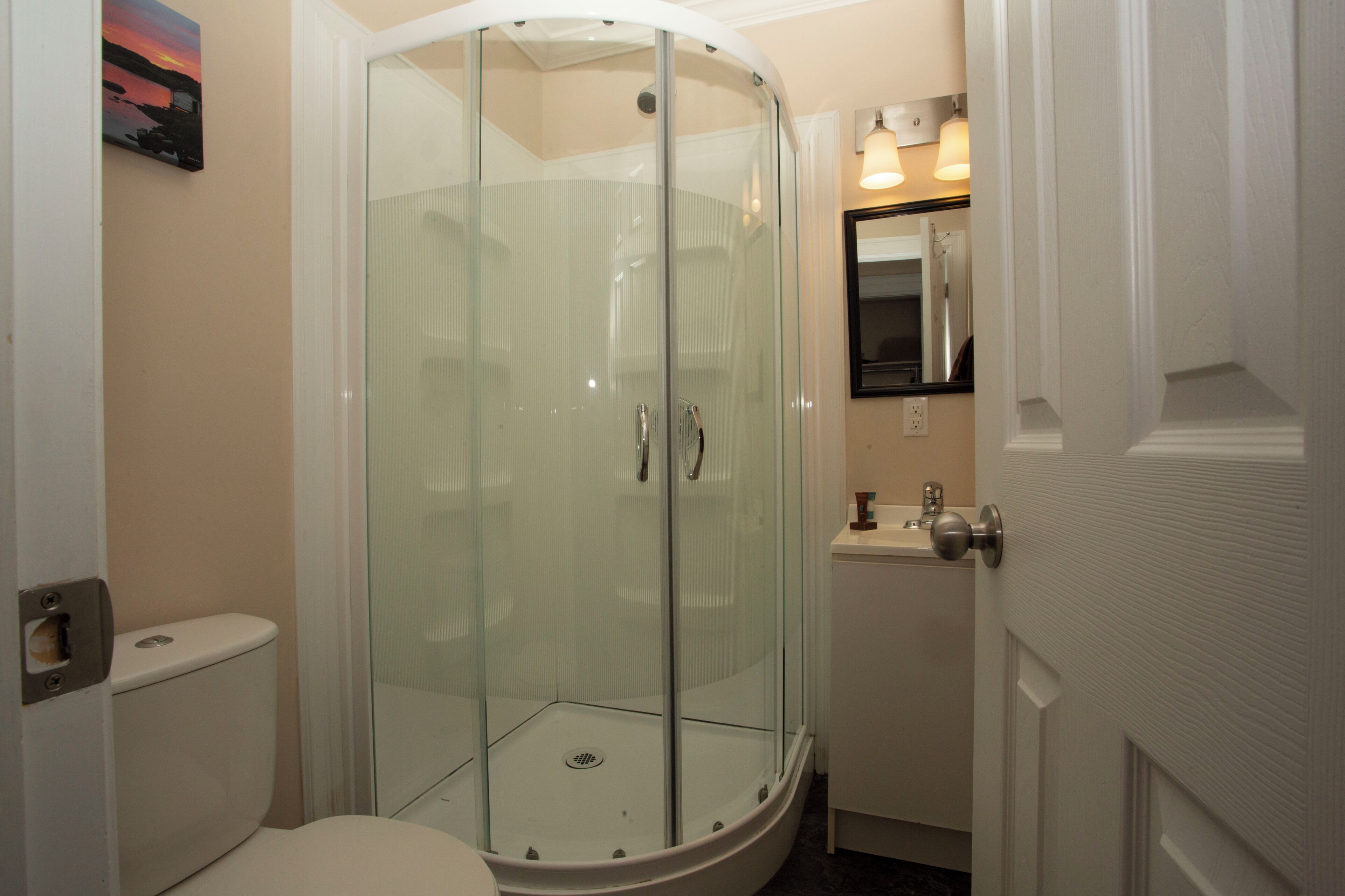 Une salle de bain avec une douche à parois de verre, des toilettes et un lavabo.