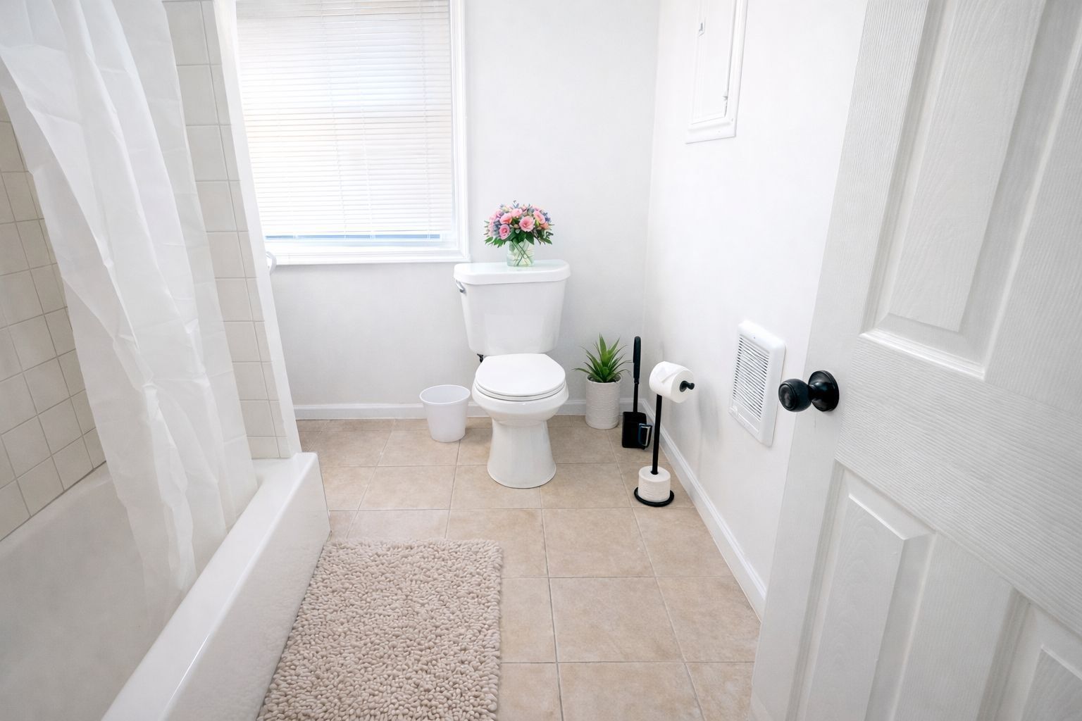 A bathroom with a toilet, a small potted plant, a roll of toilet paper, a trash bin, and a shower curtain.