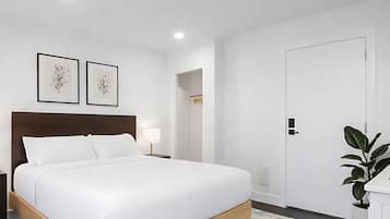 Une chambre d’hôtel moderne avec un grand lit, une table de chevet, une commode, une porte et une plante en pot.