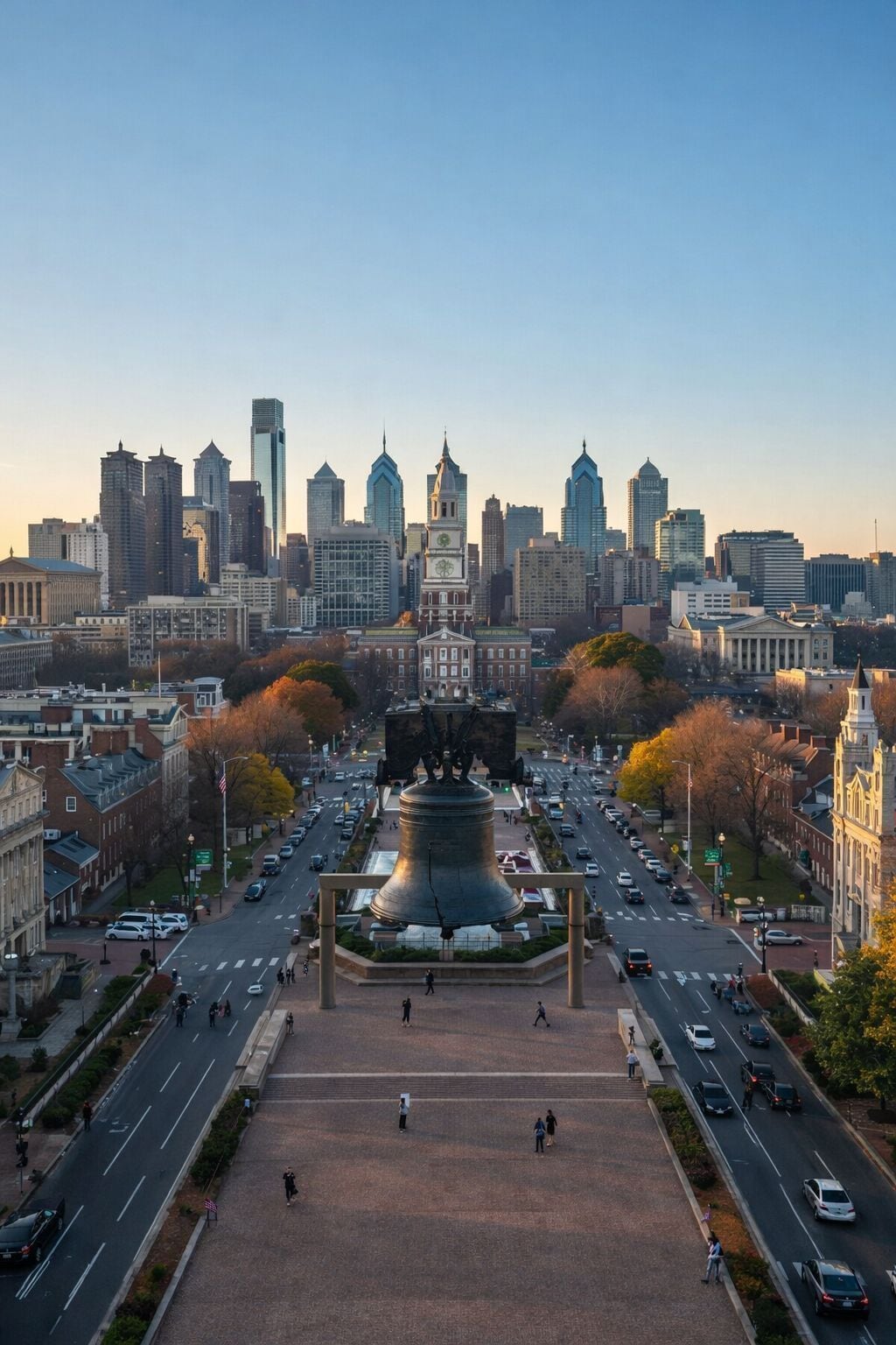 Une vue urbaine avec un monument imposant au premier plan, entouré d’une large avenue et de bâtiments modernes en arrière-plan.