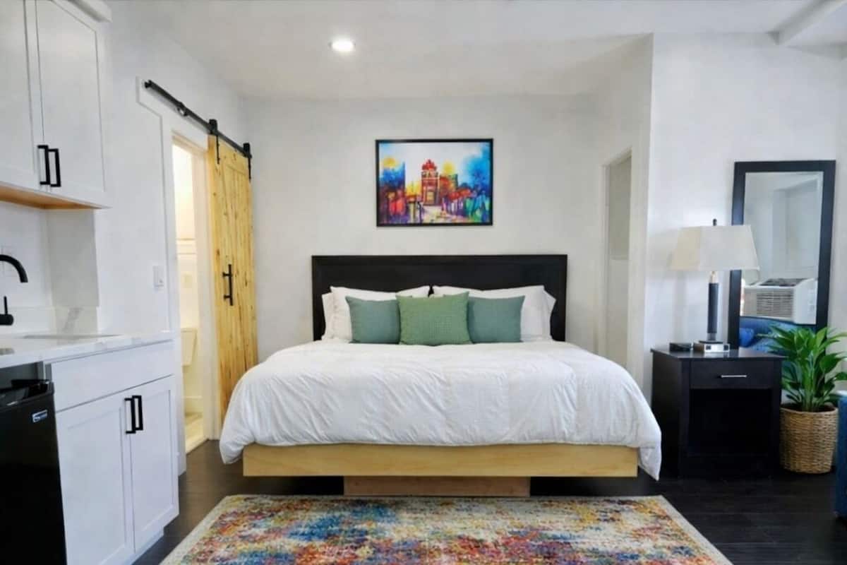 A modern bedroom with a bed, a colorful rug, a painting, and a mirror.