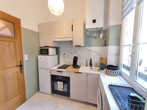 Fridge, microwave, oven, coffee/tea maker