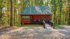 A cabin with a red exterior, a porch, and a gravel driveway surrounded by trees.