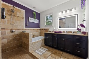 Hair dryer, towels, soap, shampoo