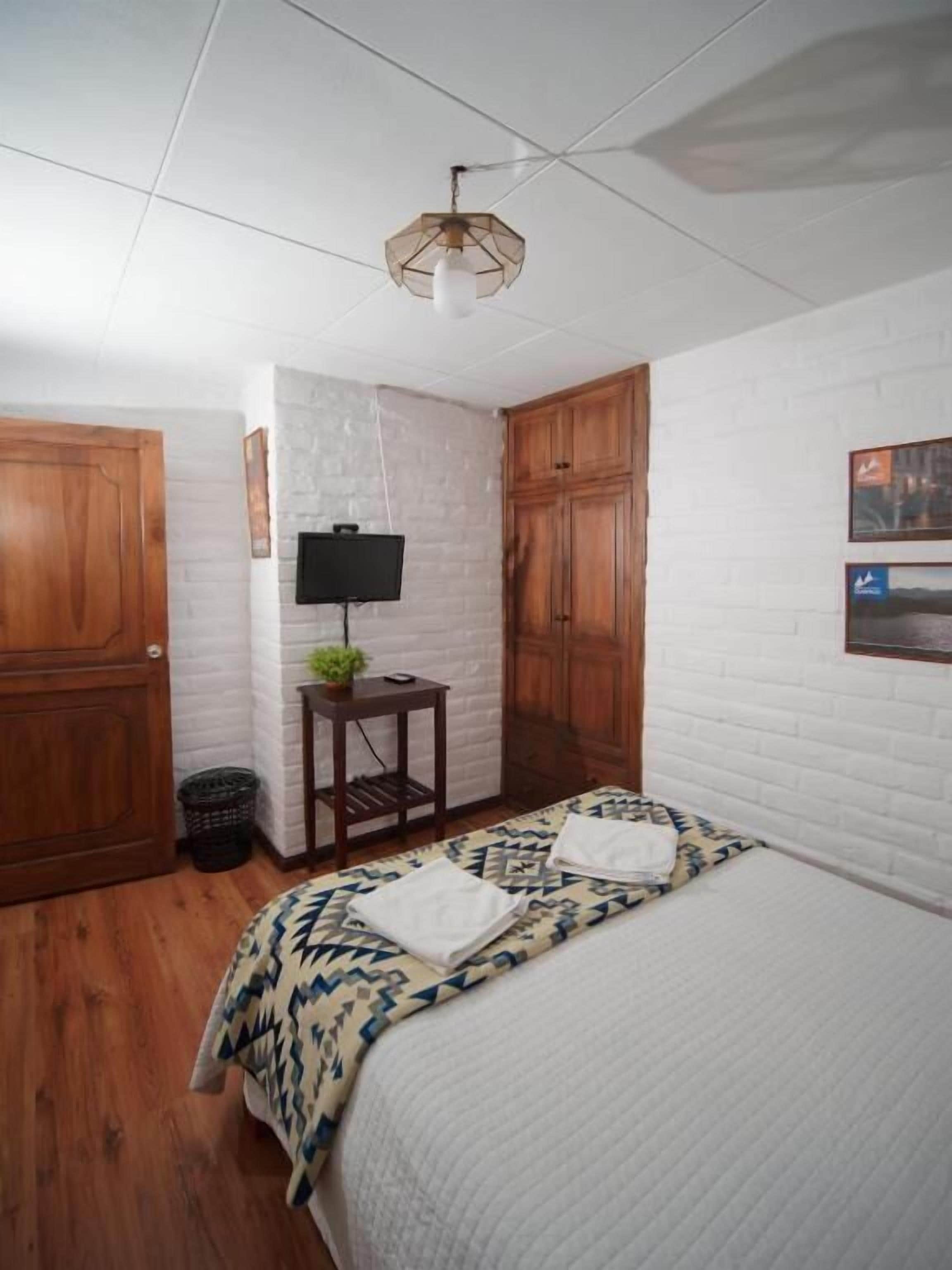 A bedroom with a bed, wooden wardrobe, a small table with a plant, a TV, and a hanging light fixture.