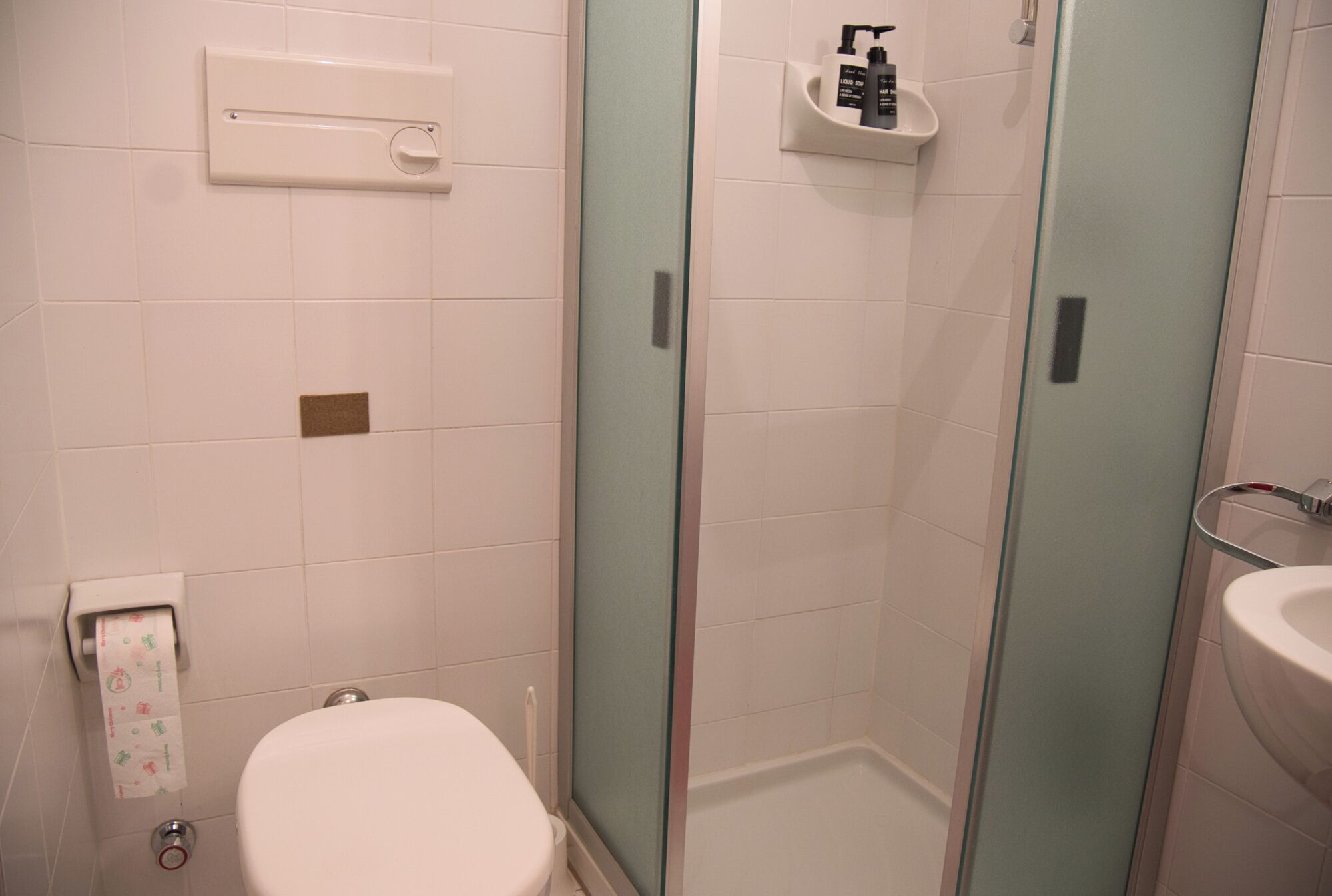 Un bagno con un water, una cabina doccia in vetro e un lavandino.