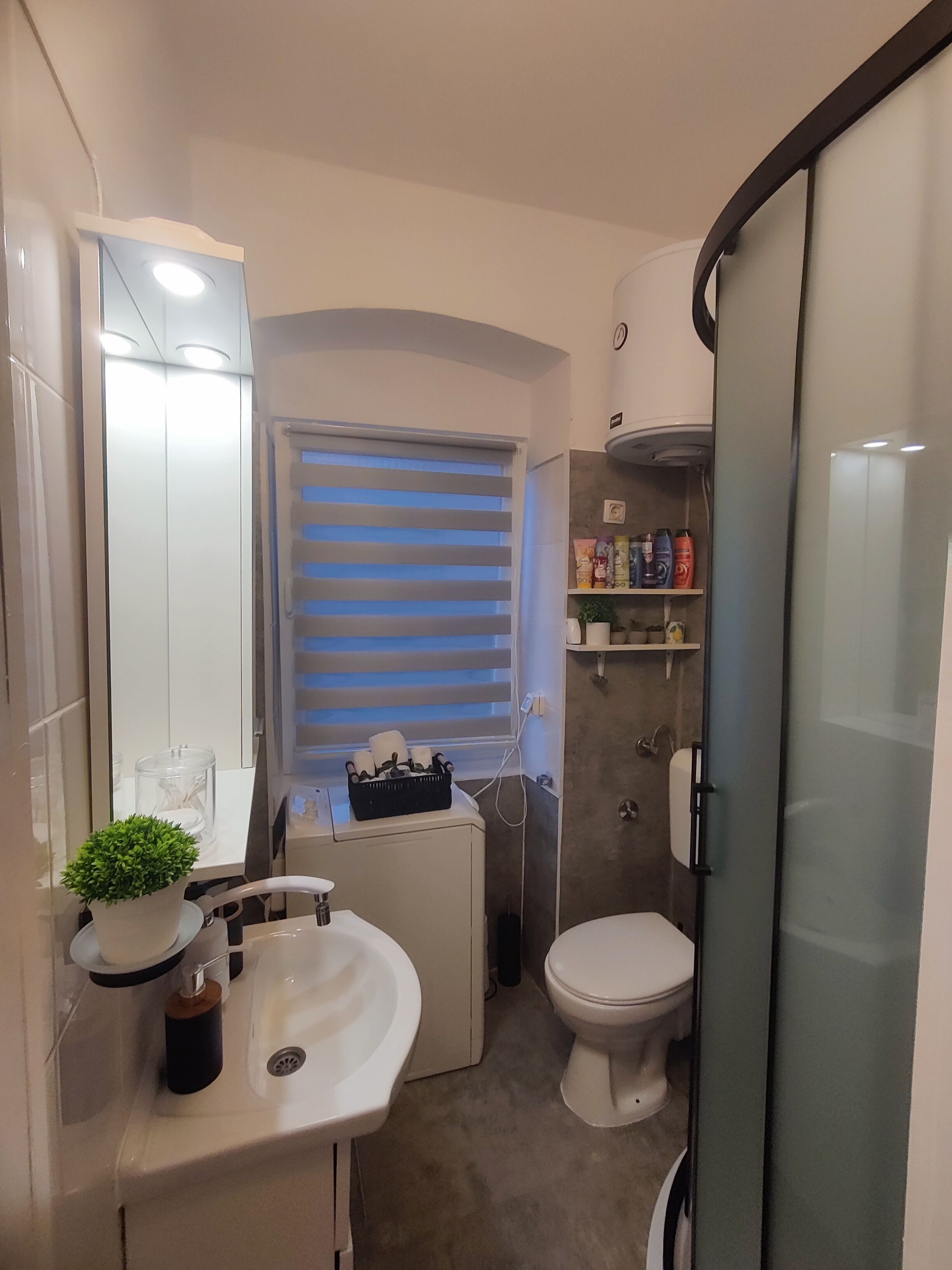 Ein kleines Badezimmer mit einem weißen Waschbecken, einer Toilette und einer Duschkabine. Ein Fenster mit Jalousien, eine kleine Ablage mit Pflegeprodukten und ein Blumentopf auf dem Waschbecken.