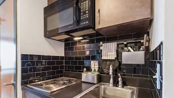Microwave, stovetop, coffee/tea maker, toaster