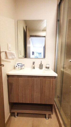 Shower, towels, soap, toilet paper - Apartment with swimming pool in condominium near the Guadalajara Zoo and Arena Guadalajara (Guadalajara)
