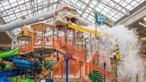Un parc aquatique intérieur doté de toboggans, d’une structure d’escalade et d’une cascade.