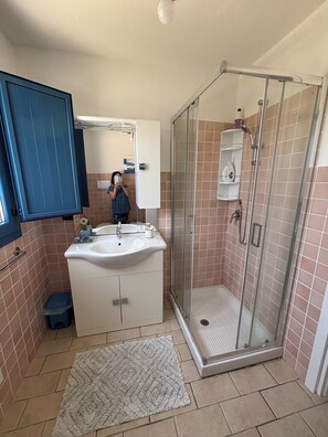 Shower, hair dryer, bidet, towels