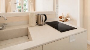 A modern kitchen with a sink, kettle, and induction cooktop. - 1538 Visconti (Paris)