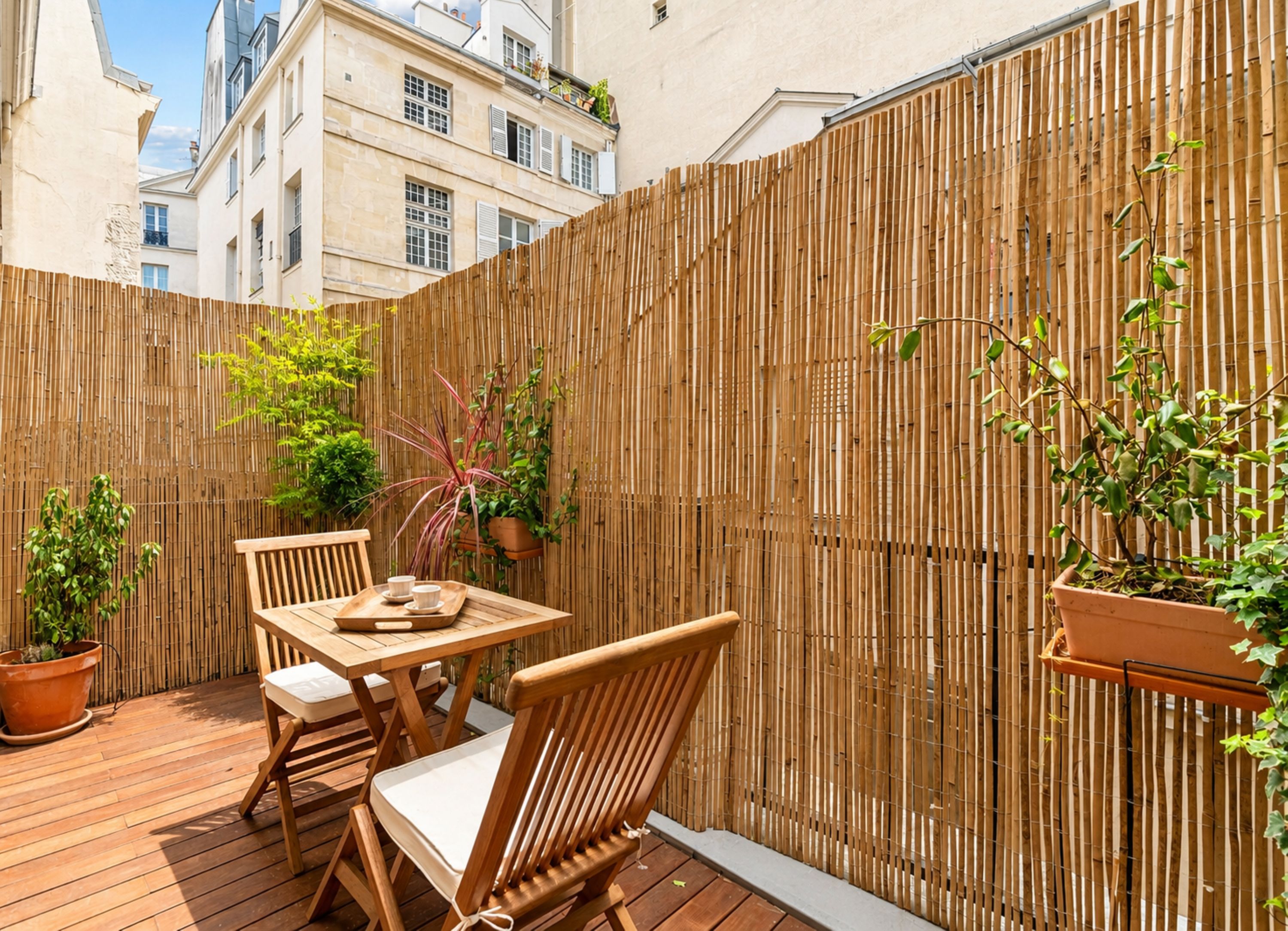 An outdoor patio with a wooden table and chairs, surrounded by a bamboo fence.