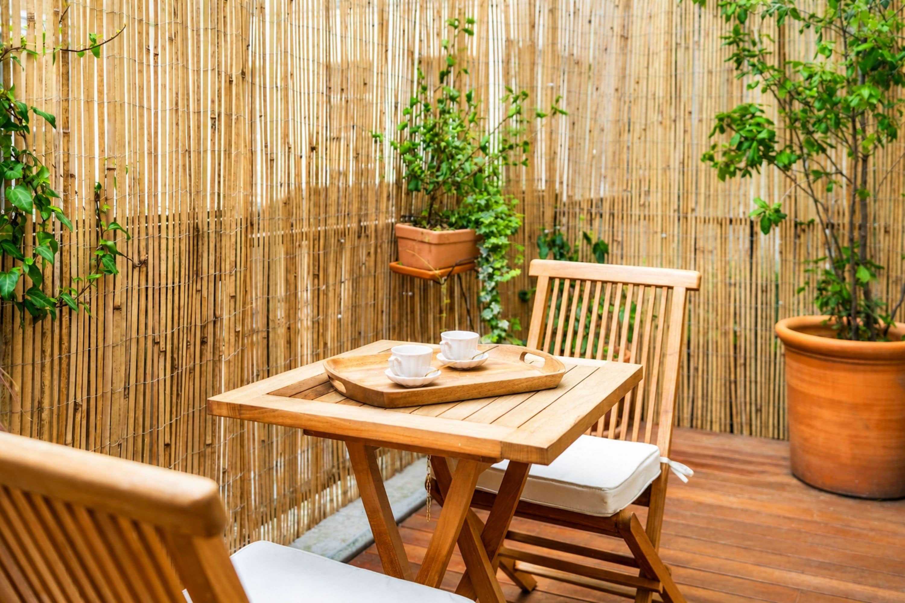 A wooden table with a tray, two white cups, and a potted plant in a hanging pot against a bamboo fence.