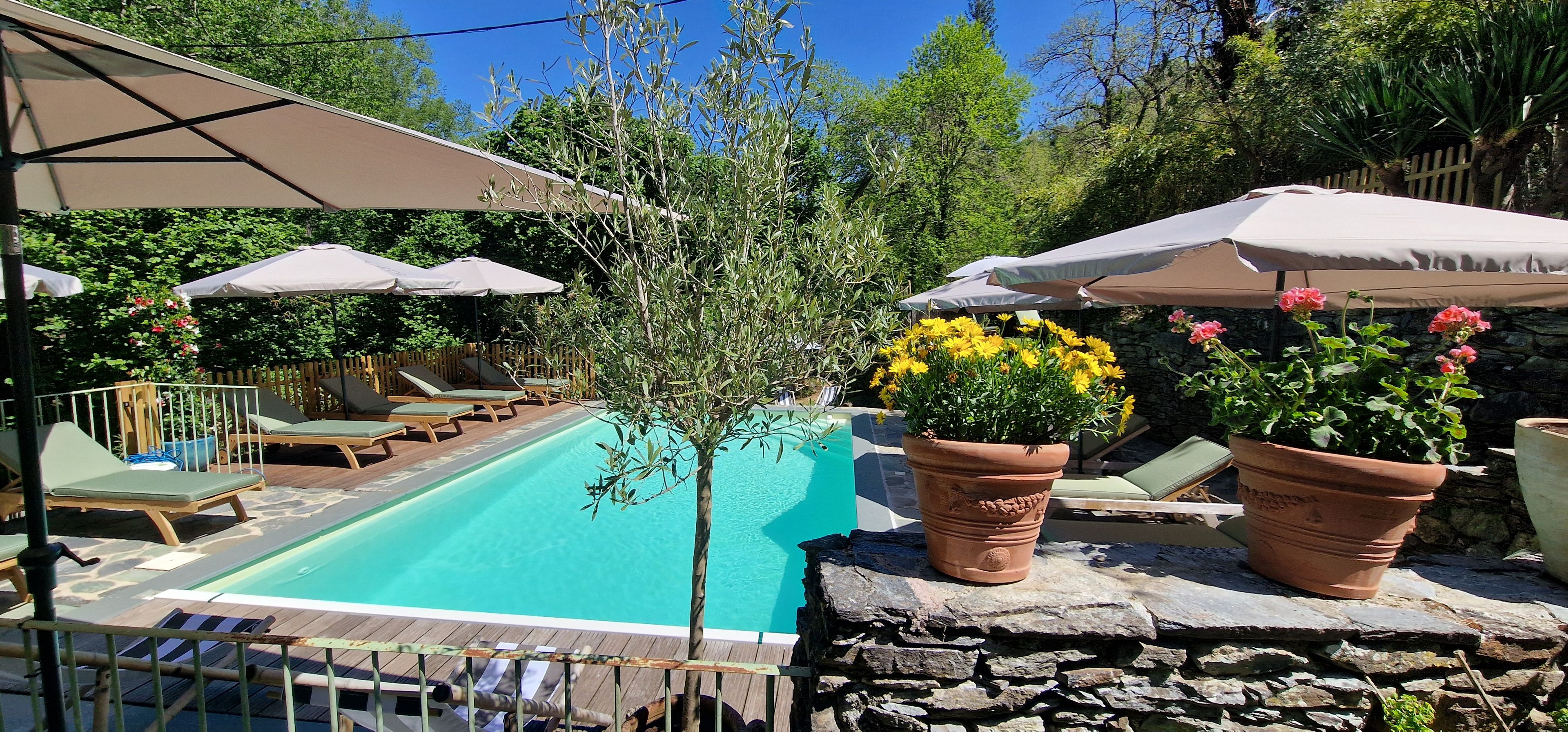 Un área de piscina con sillas de descanso y sombrillas, rodeada de vegetación y muros de piedra.