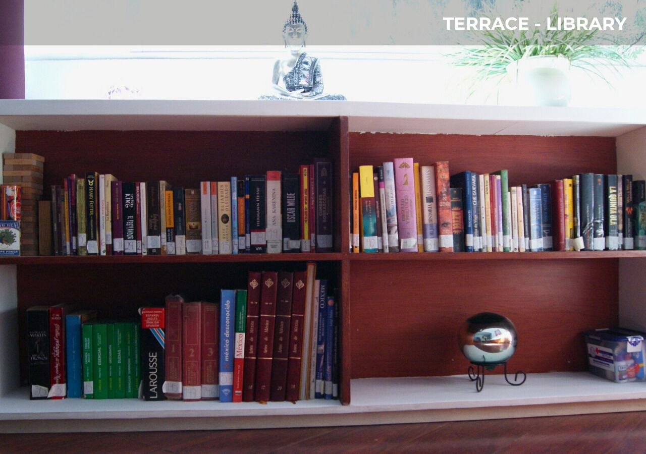Ein Bücherregal mit Büchern und einer Buddha-Statue.