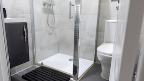 A modern bathroom with a glass-enclosed shower, a toilet, and a black sink.
