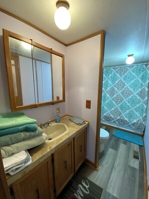 Hair dryer, towels, soap, toilet paper - Charming 3bedroom home with AC, WiFi in PRIVATE subdivision of manufactured home (Larsen)
