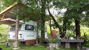 Ein weißer Wohnmobilwagen steht unter einer Holzbeschattung, umgeben von Bäumen und Grün.