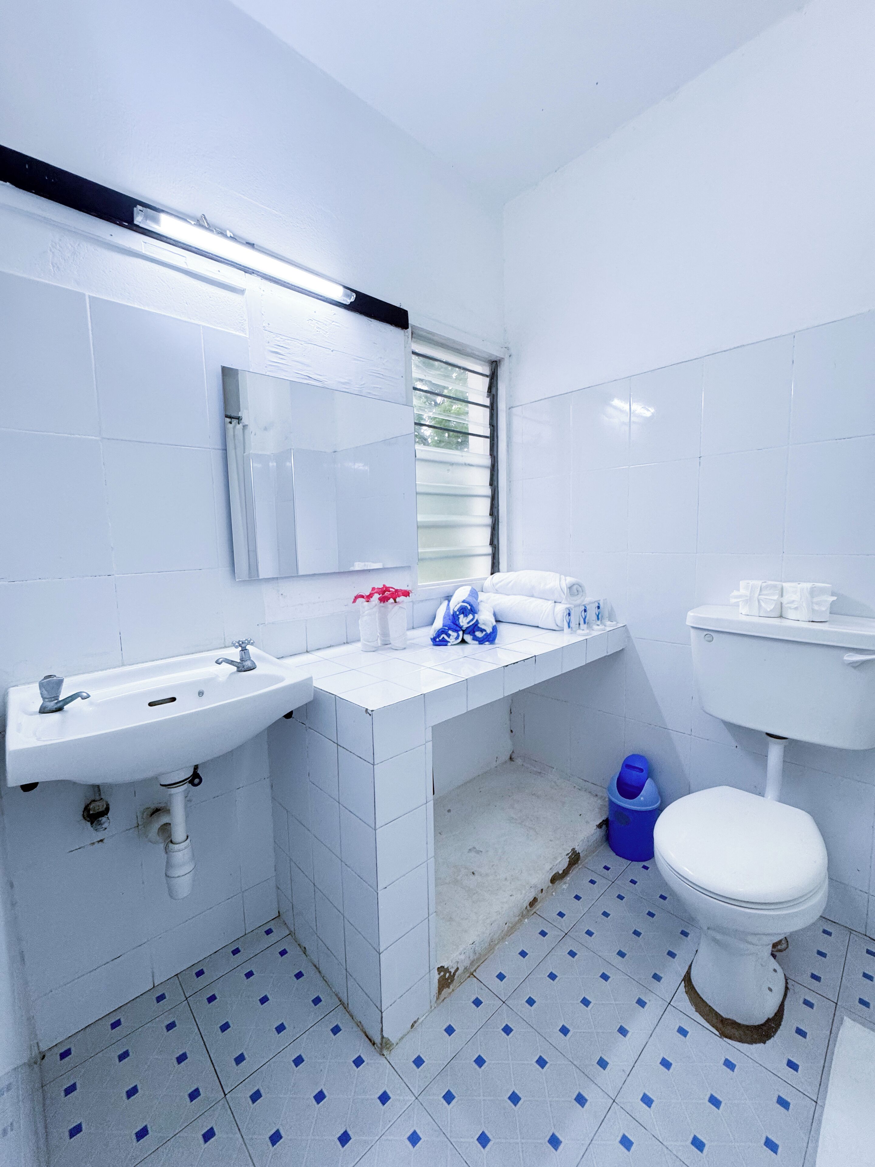 Un baño pequeño y blanco con lavamanos, espejo e inodoro. Se ve una ventana con persianas, un bote de basura azul y un perchero para toallas.