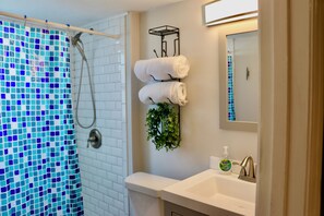 Shower, hair dryer, towels, soap