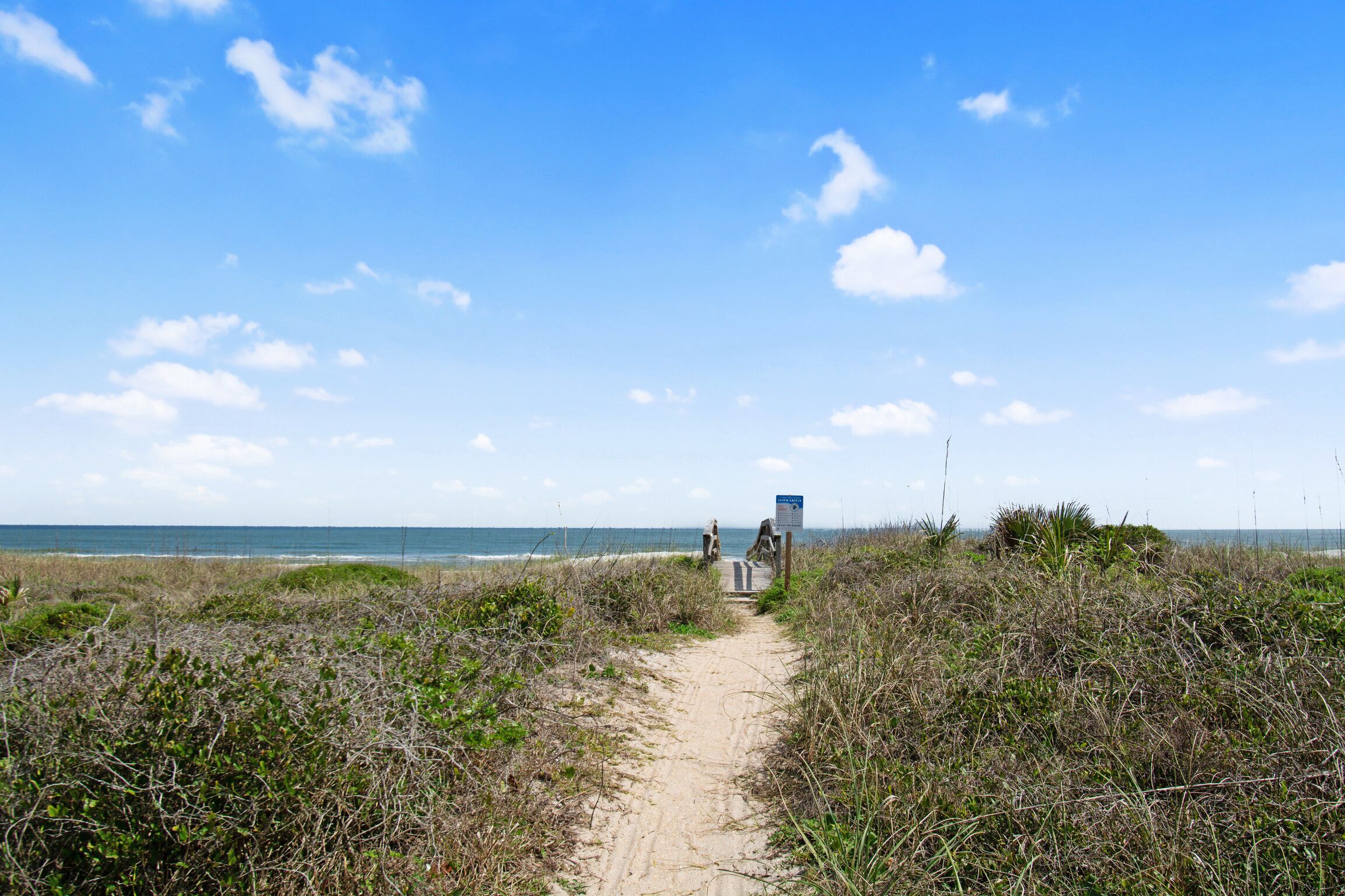 A sandy path leading to a beach with sparse vegetation on either side.