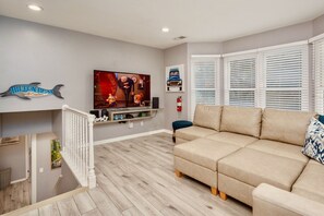 Smart TV, fireplace, video games, table football