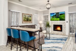 Smart TV, fireplace, video games, table football