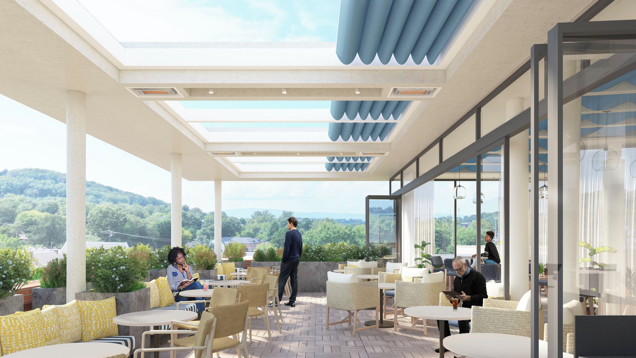 Takterrassebar, utsikt mot hagen, åpen hver dag