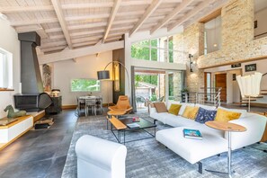 Télévision, cheminée, lecteur de DVD, chaîne hi-fi