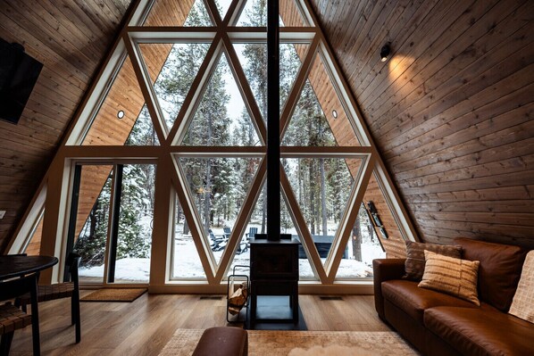 Una Smart TV, una chimenea, libros