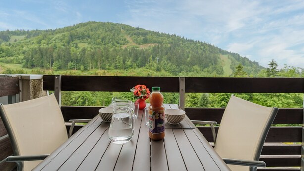 Een houten tafel met een fles saus, een karaf en een bloemenvaas op een balkon met uitzicht op een bebost glooiend landschap.