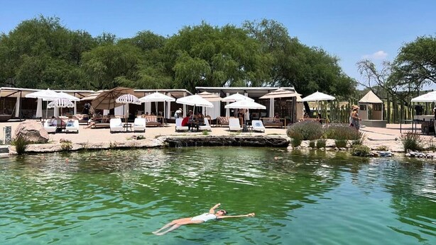 Un área de piscina con sillas de descanso y sombrillas, rodeada de árboles y un cielo despejado.
