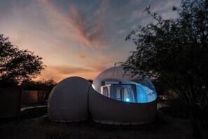 Dos estructuras esféricas con una sección transparente, rodeadas de árboles y un cielo al atardecer.