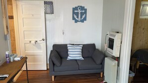 A room with a grey sofa, a patterned throw pillow, a wooden floor, a radiator, and a wall-mounted air conditioner. - Spotted Sandpiper - Cabin #3 (Trumansburg)