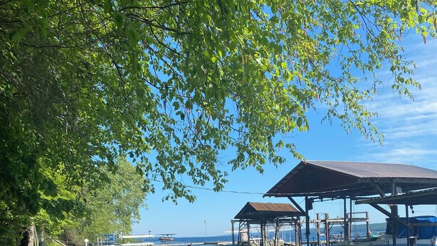 A gravel beach with a canoe, wooden docks, and a covered pavilion by the water. - Spotted Sandpiper - Cabin #3 (Trumansburg)
