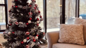 Un albero di Natale decorato in una stanza con un'ampia finestra e un divano.