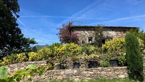A stone building with a rustic appearance, surrounded by lush greenery and flowering plants.