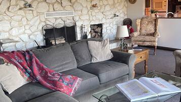 Smart TV, chimenea y libros