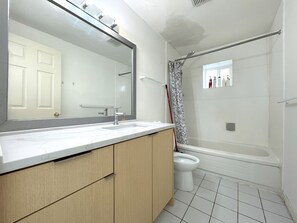 Hair dryer, towels, soap, toilet paper