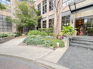Une cour aménagée avec différents types de plantes, un arbre et l’entrée d’un bâtiment accessible par quelques marches.