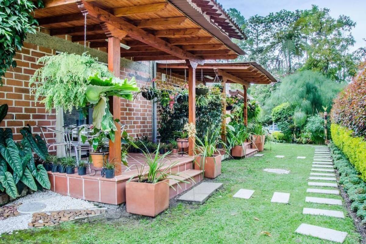 Un patio coperto con piante in vaso e un muro in mattoni.