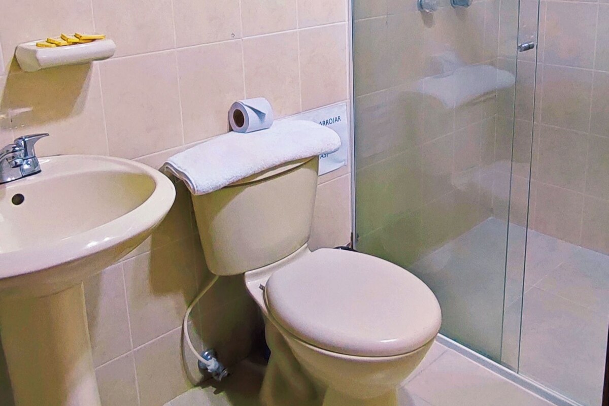 Bagno con lavandino, WC e box doccia in vetro.