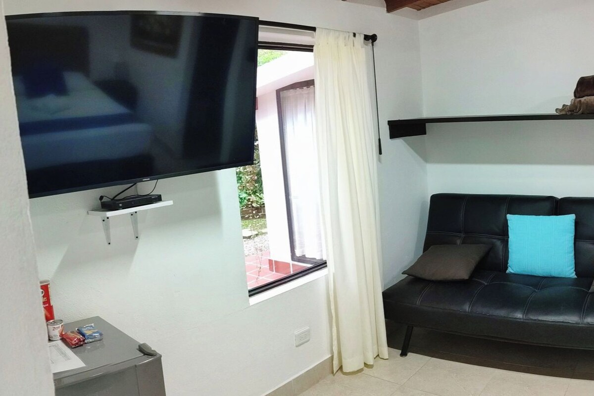 A hotel room with a bed, a sofa, a TV, and a painting on the wall.