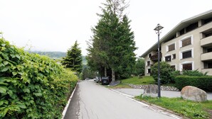 A street with parked cars, a large tree, and a building with balconies. - Apartment Erica Bormio (Bormio)