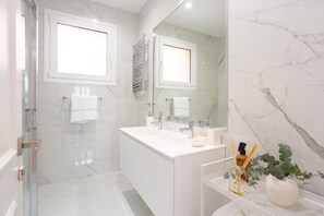 Shower, hair dryer, soap