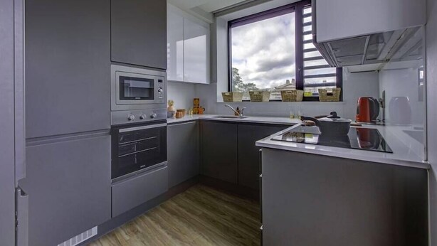 A modern kitchen with grey cabinets, a built-in oven, a microwave, and a window with a view of the city.