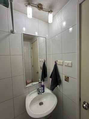 Shower, towels, soap, toilet paper